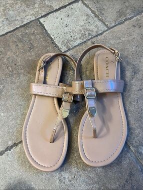 Coach Blush Tan Leather T-Strap Sandals with Gold Hardware